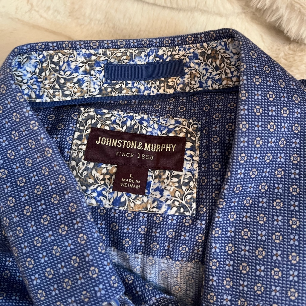 Johnston & Murphy Mens L Blue Print Sleek Business Casual Workwear Button Shirt